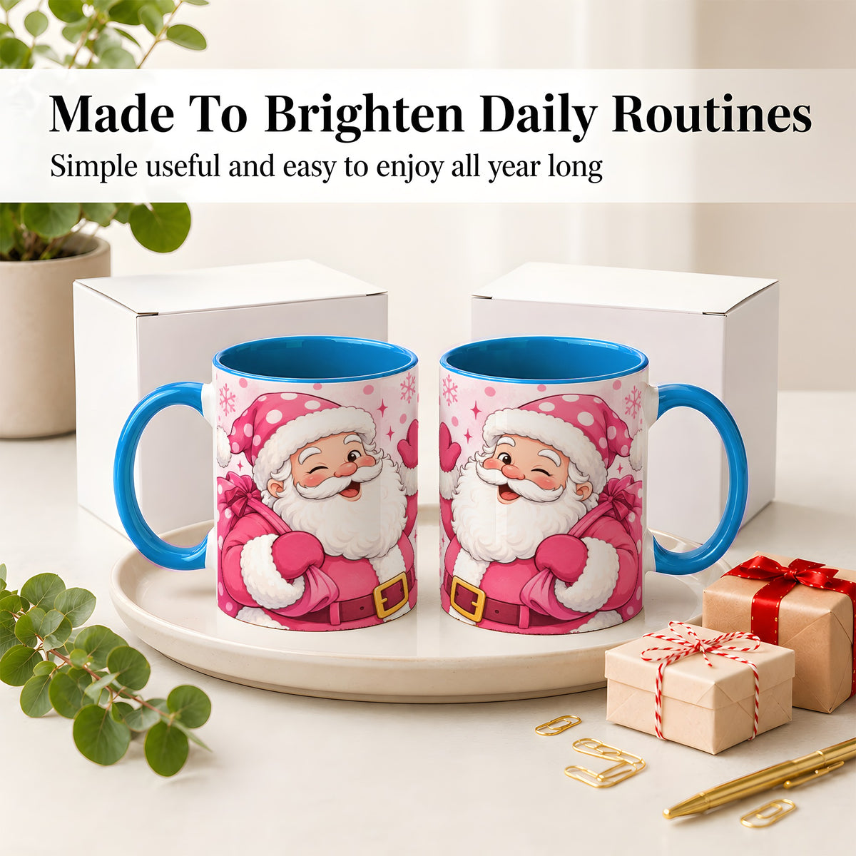 #pl[11oz|Blue] Pink Santa Christmas Accent Mug, Ceramic Mug