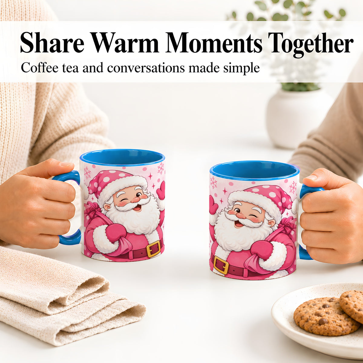 #pl[11oz|Blue] Pink Santa Christmas Accent Mug, Ceramic Mug