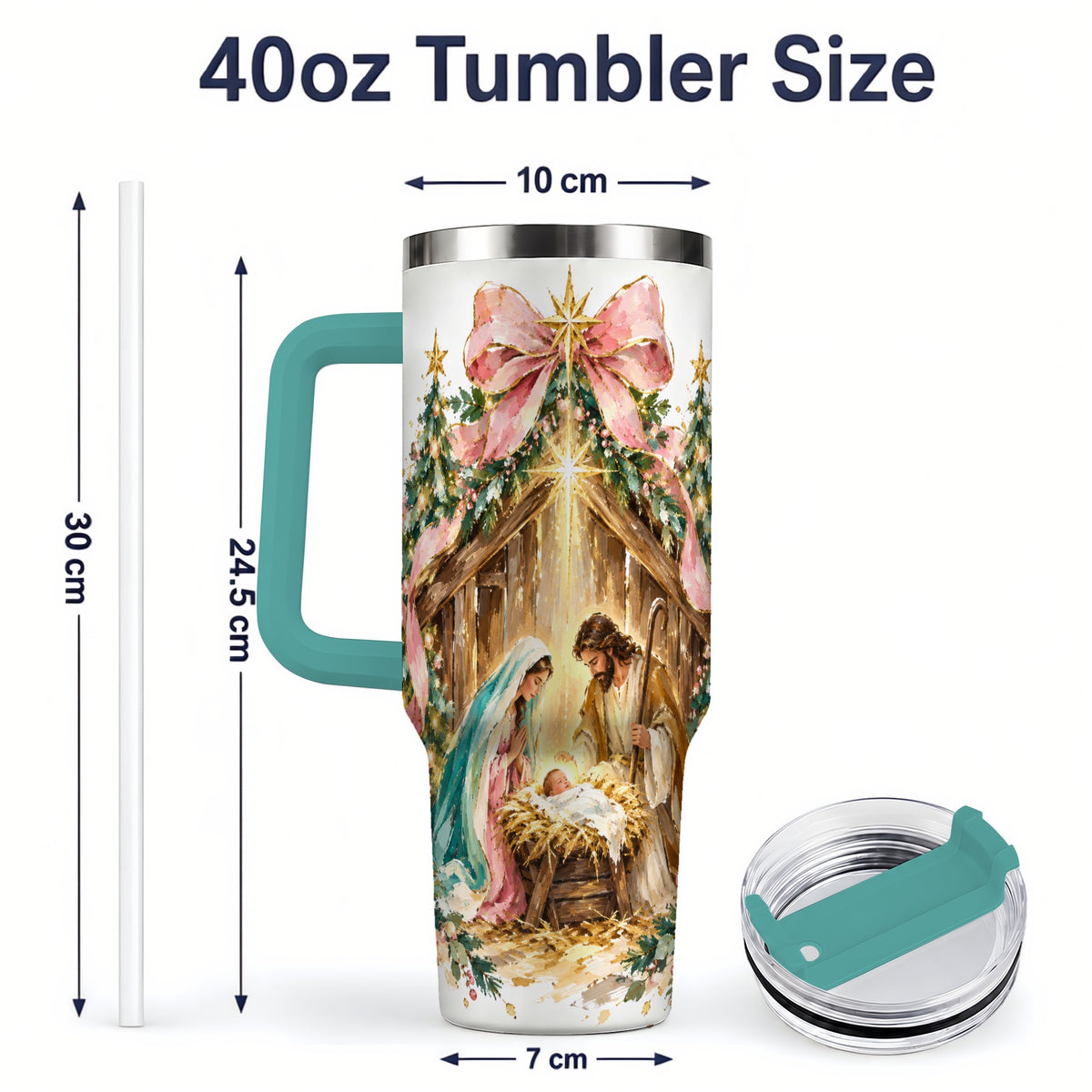 #pl[40oz|Green] Nativity Christmas 40oz Tumbler, Holy Family Manger Faith Artwork