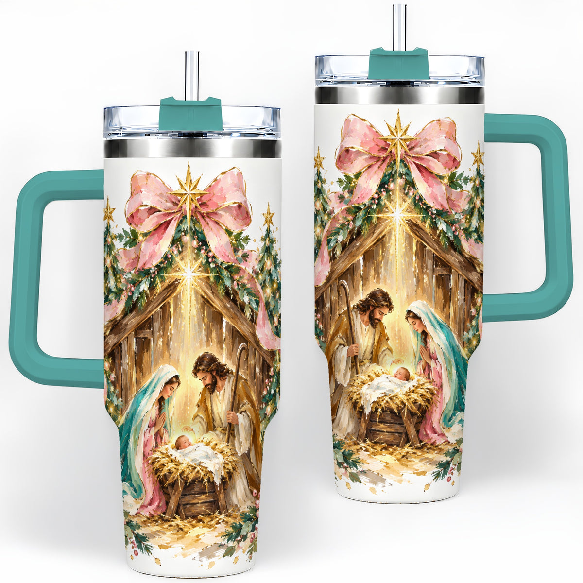 #pl[40oz|Green] Nativity Christmas 40oz Tumbler, Holy Family Manger Faith Artwork