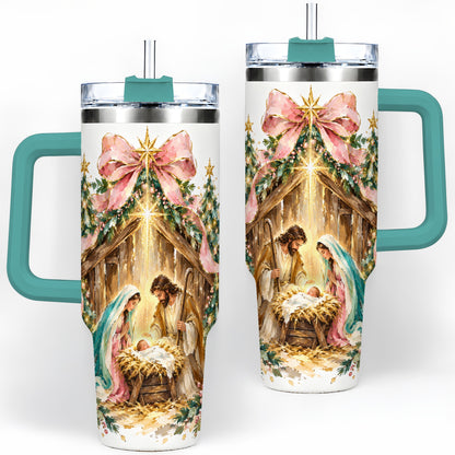 #pl[40oz|Green] Nativity Christmas 40oz Tumbler, Holy Family Manger Faith Artwork