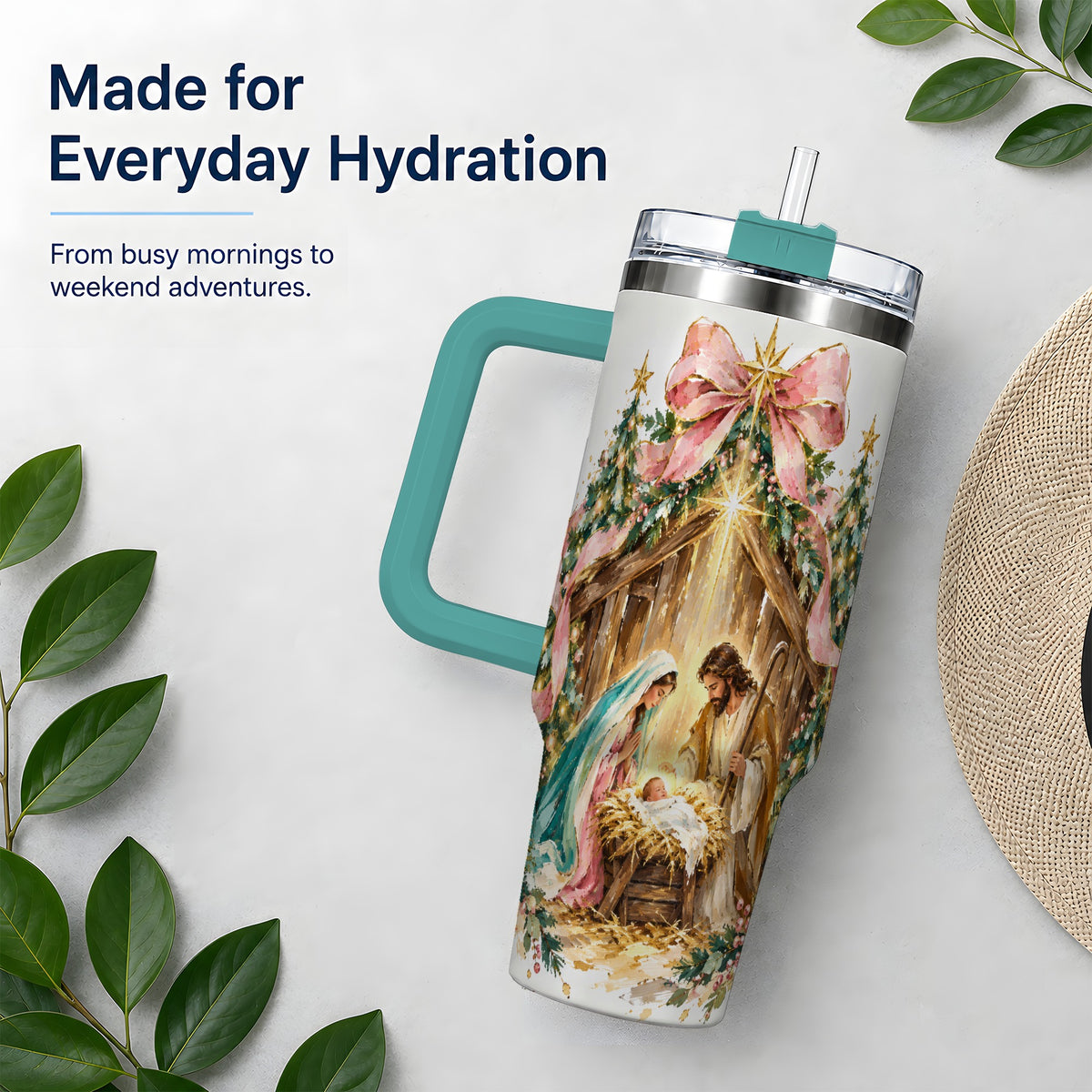 #pl[40oz|Green] Nativity Christmas 40oz Tumbler, Holy Family Manger Faith Artwork
