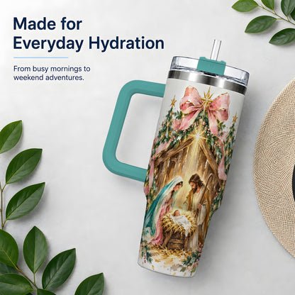 #pl[40oz|Green] Nativity Christmas 40oz Tumbler, Holy Family Manger Faith Artwork