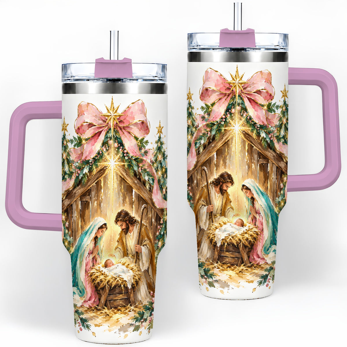#pl[40oz|Pink] Nativity Christmas 40oz Tumbler, Holy Family Manger Faith Artwork