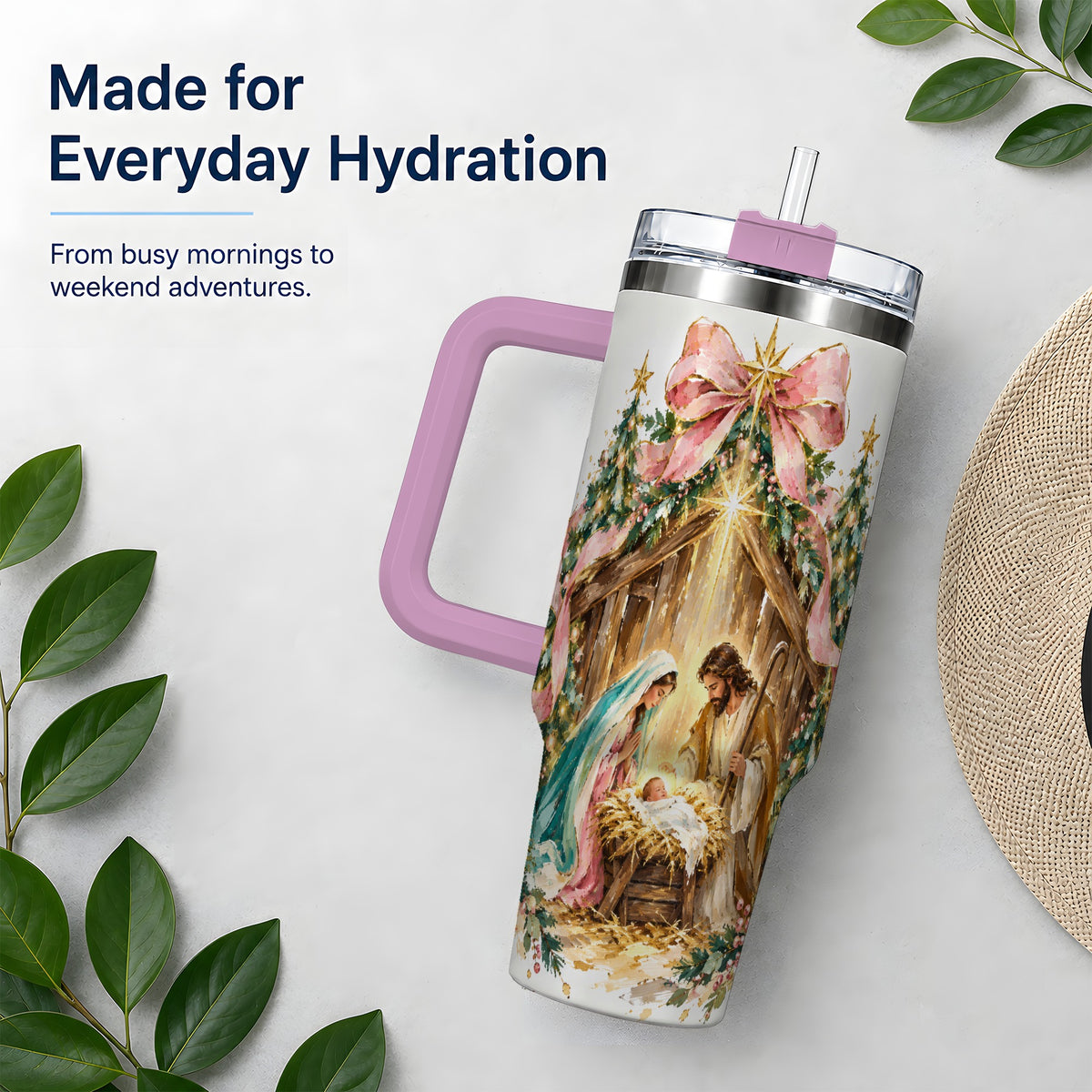 #pl[40oz|Pink] Nativity Christmas 40oz Tumbler, Holy Family Manger Faith Artwork