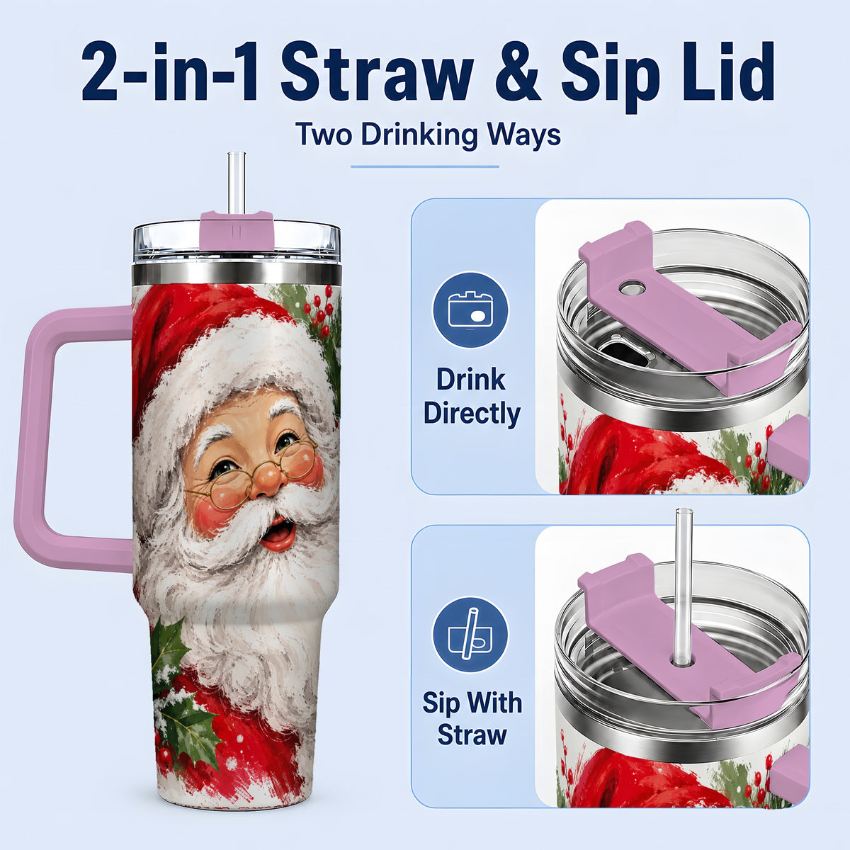 #pl[40oz|Pink] Santa Claus Christmas 40oz Tumbler, Holiday Artwork Drinkware