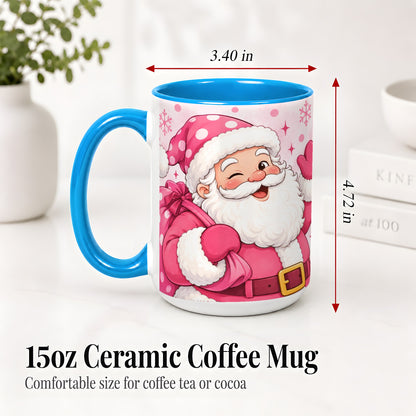 #pl[15oz|Blue] Pink Santa Christmas Accent Mug, Ceramic Mug