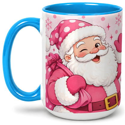 #pl[15oz|Blue] Pink Santa Christmas Accent Mug, Ceramic Mug