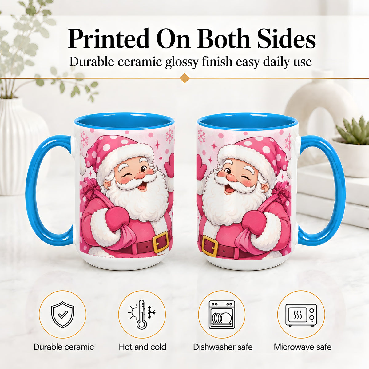 #pl[15oz|Blue] Pink Santa Christmas Accent Mug, Ceramic Mug