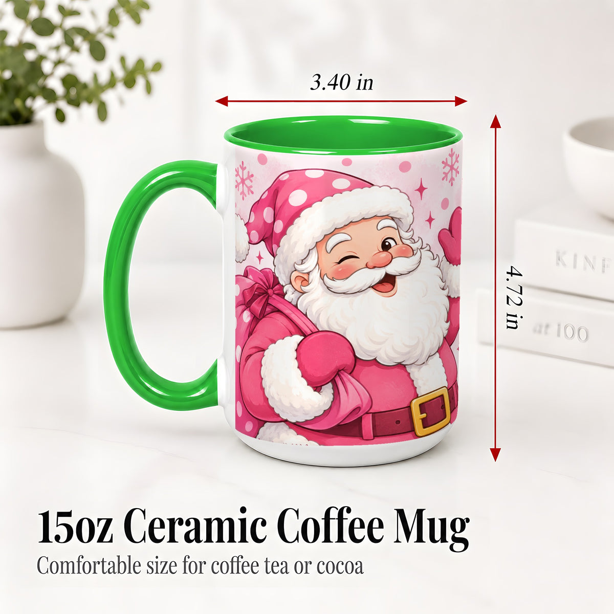 #pl[15oz|Green] Pink Santa Christmas Accent Mug, Ceramic Mug