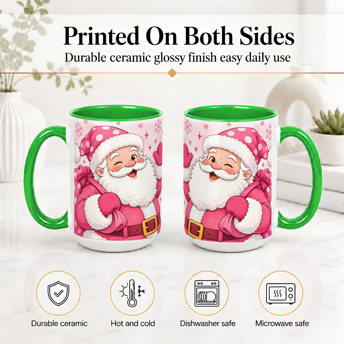 #pl[15oz|Green] Pink Santa Christmas Accent Mug, Ceramic Mug