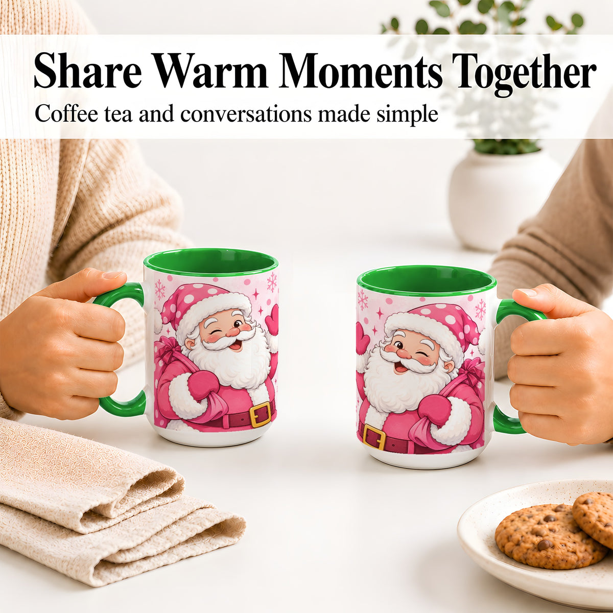 #pl[15oz|Green] Pink Santa Christmas Accent Mug, Ceramic Mug