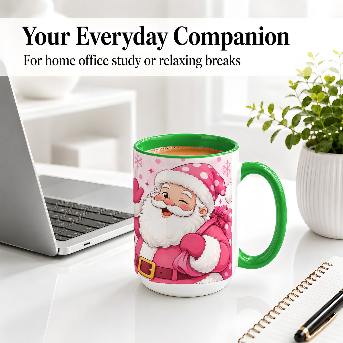 #pl[15oz|Green] Pink Santa Christmas Accent Mug, Ceramic Mug