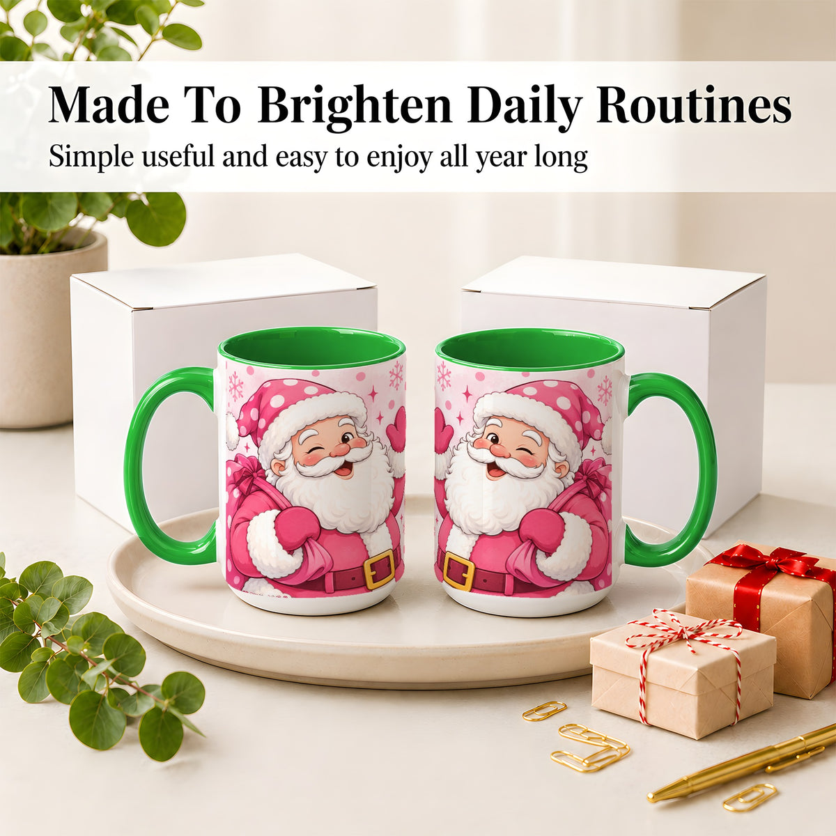 #pl[15oz|Green] Pink Santa Christmas Accent Mug, Ceramic Mug
