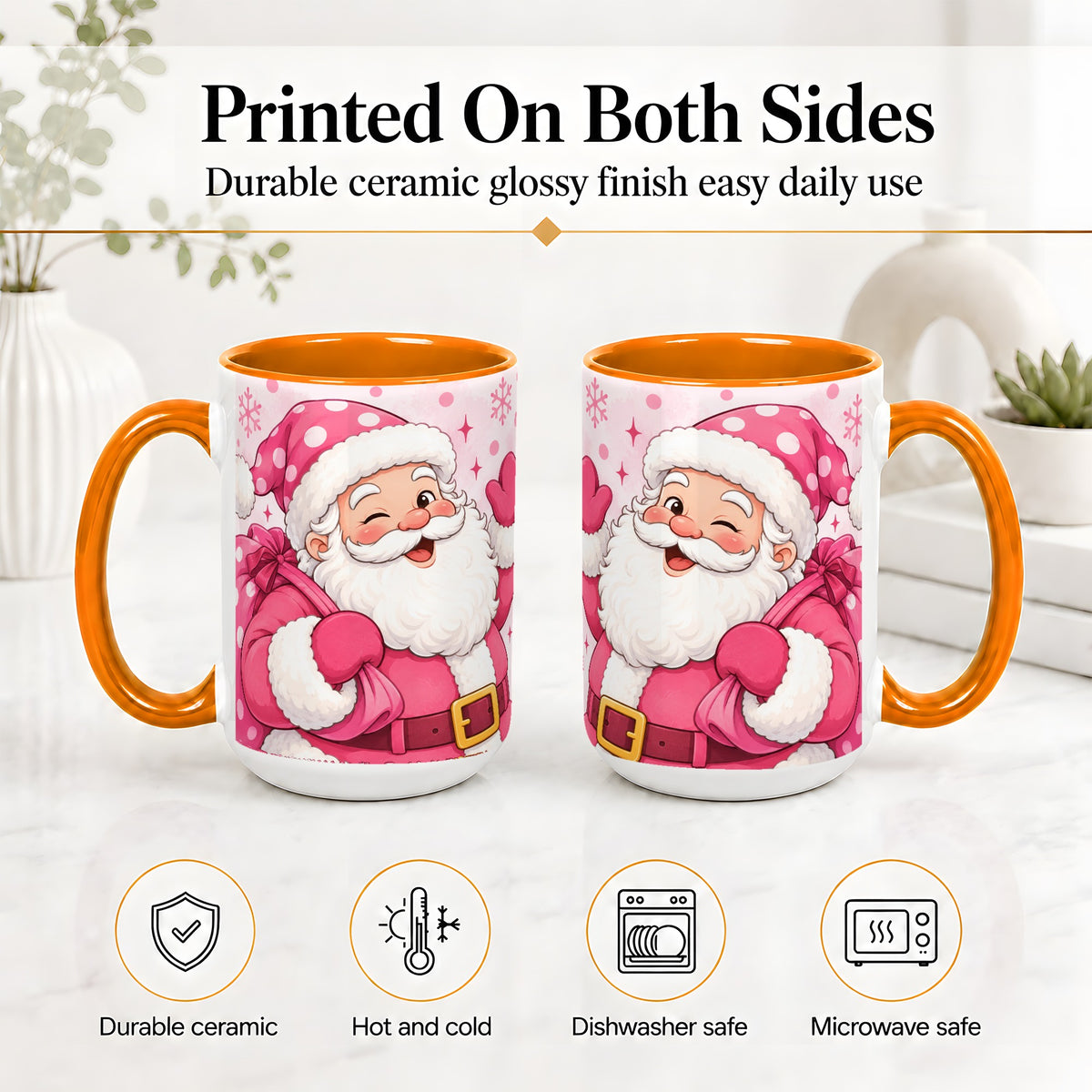 #pl[15oz|Orange] Pink Santa Christmas Accent Mug, Ceramic Mug
