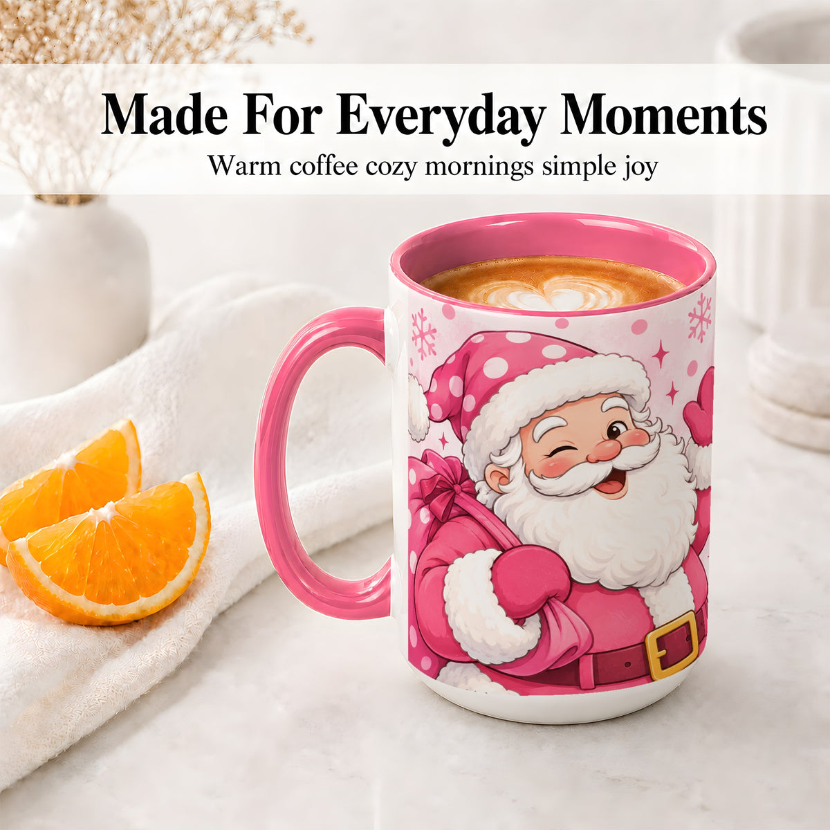#pl[15oz|Pink] Pink Santa Christmas Accent Mug, Ceramic Mug