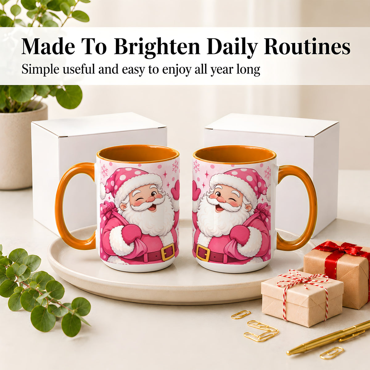 #pl[15oz|Orange] Pink Santa Christmas Accent Mug, Ceramic Mug