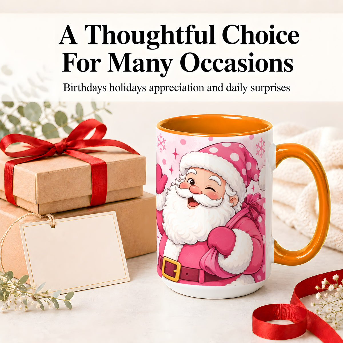 #pl[15oz|Orange] Pink Santa Christmas Accent Mug, Ceramic Mug