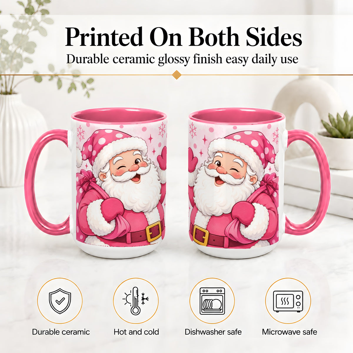 #pl[15oz|Pink] Pink Santa Christmas Accent Mug, Ceramic Mug