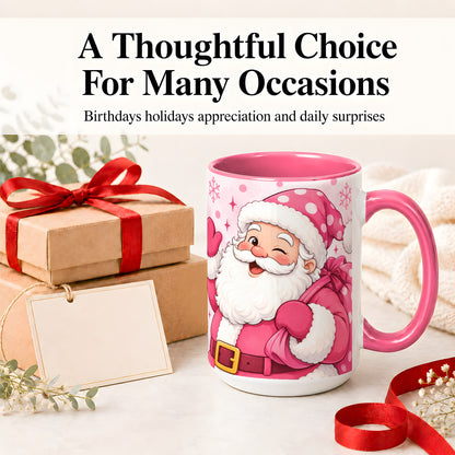 #pl[15oz|Pink] Pink Santa Christmas Accent Mug, Ceramic Mug