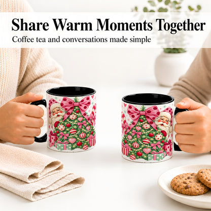 #pl[11oz|Black] Pink Bow Christmas Tree Accent Mug, Ceramic Mug