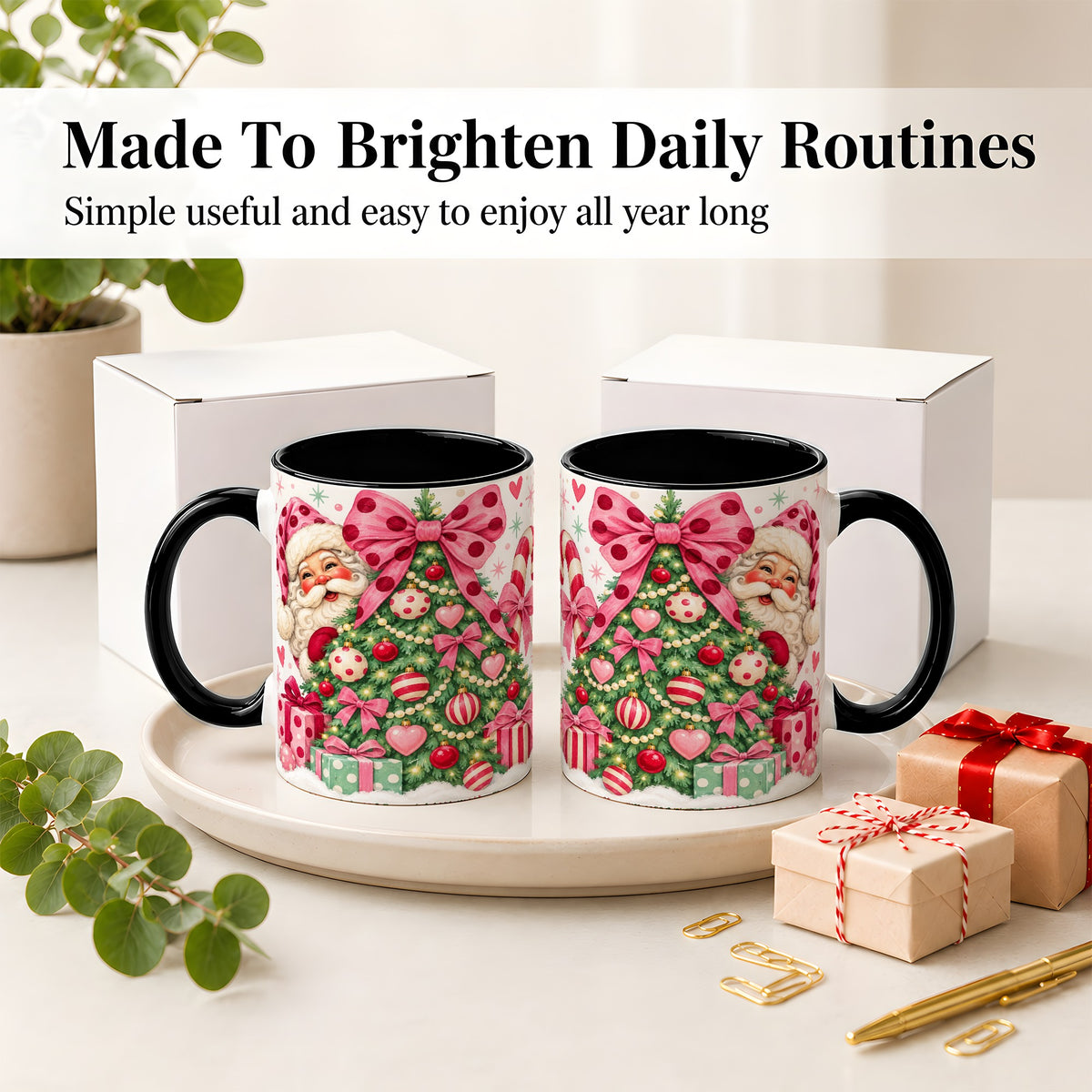 #pl[11oz|Black] Pink Bow Christmas Tree Accent Mug, Ceramic Mug