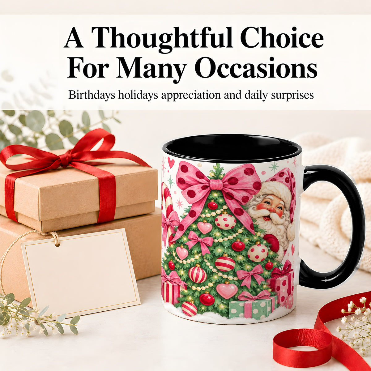 #pl[11oz|Black] Pink Bow Christmas Tree Accent Mug, Ceramic Mug