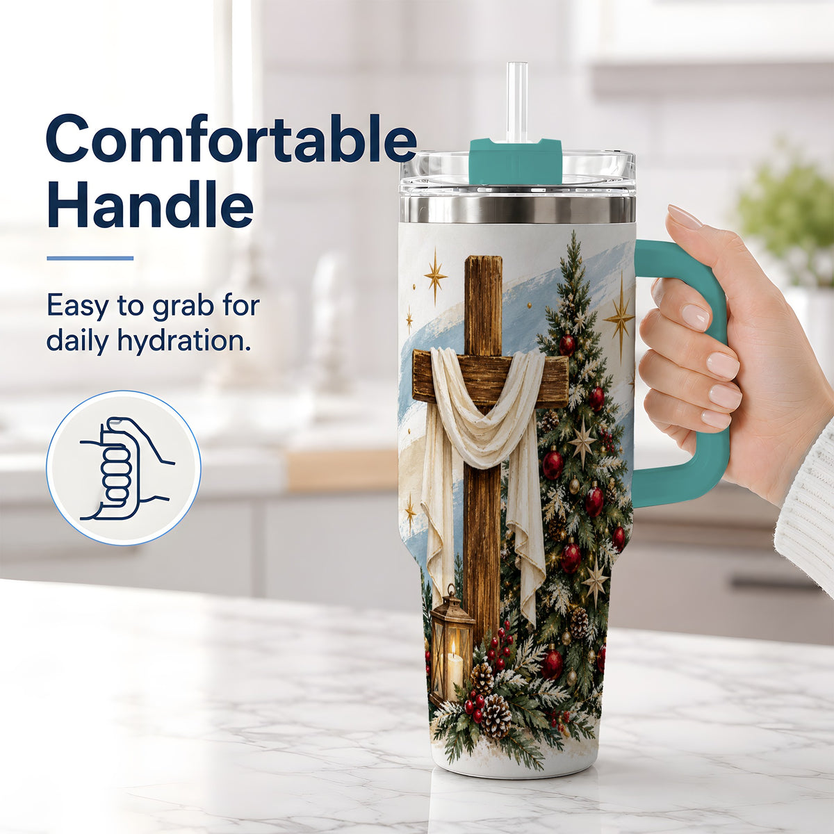 #pl[40oz|Green] Christian Christmas Cross 40oz Tumbler, Holiday Faith Drinkware