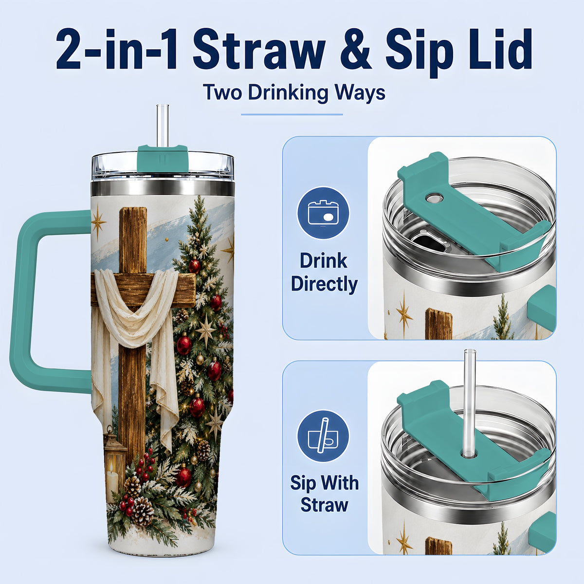 #pl[40oz|Green] Christian Christmas Cross 40oz Tumbler, Holiday Faith Drinkware