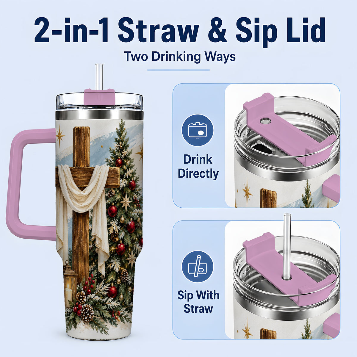 #pl[40oz|Pink] Christian Christmas Cross 40oz Tumbler, Holiday Faith Drinkware