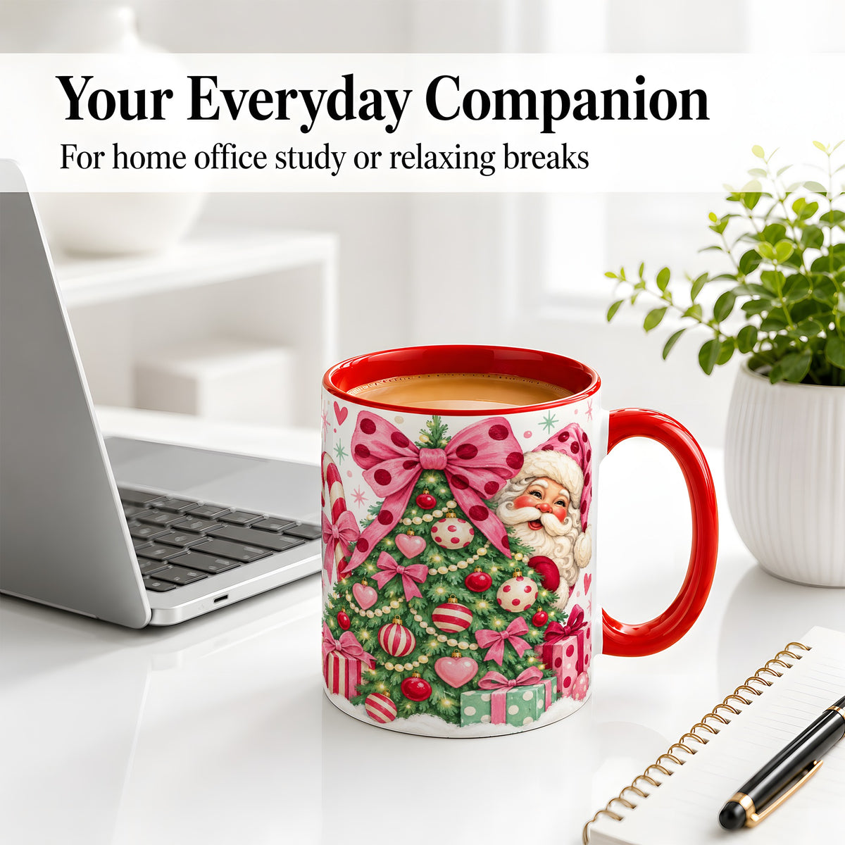 #pl[11oz|Red] Pink Bow Christmas Tree Accent Mug, Ceramic Mug