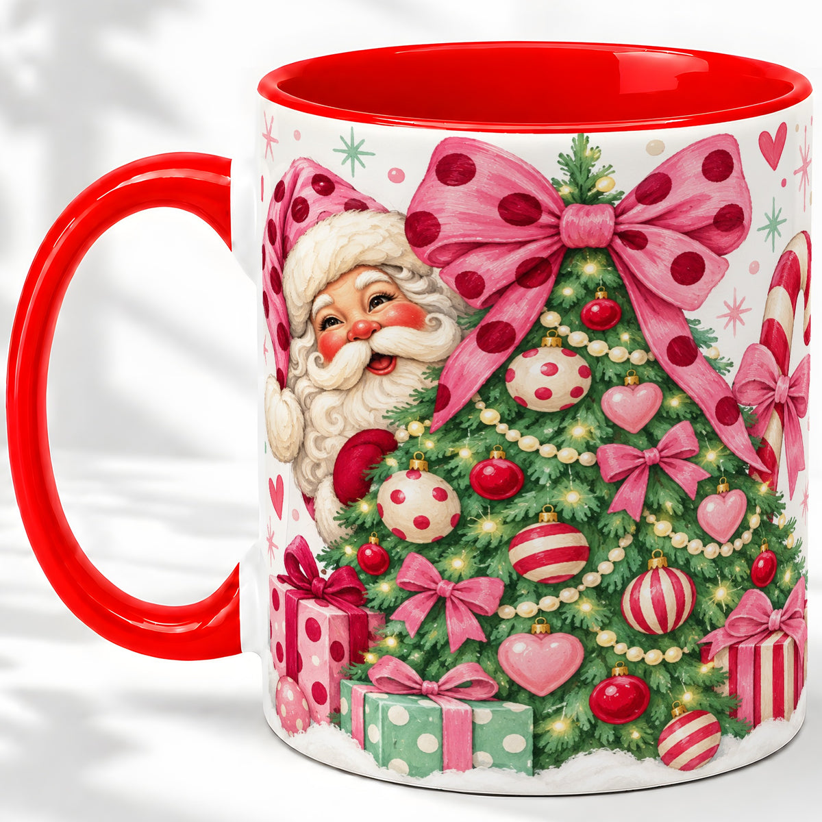 Pink Bow Christmas Tree Accent Mug, Ceramic Mug