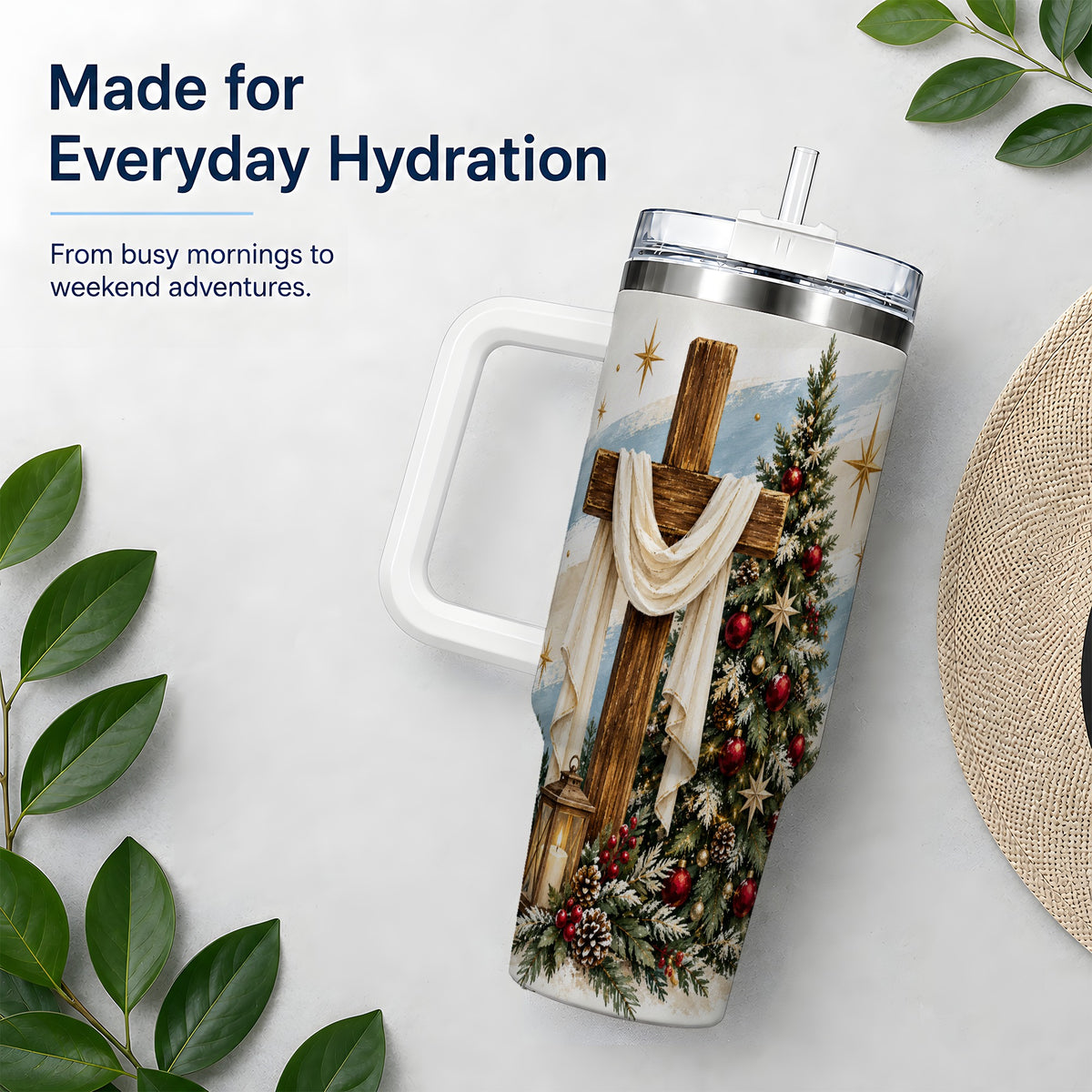 #pl[40oz|White] Christian Christmas Cross 40oz Tumbler, Holiday Faith Drinkware