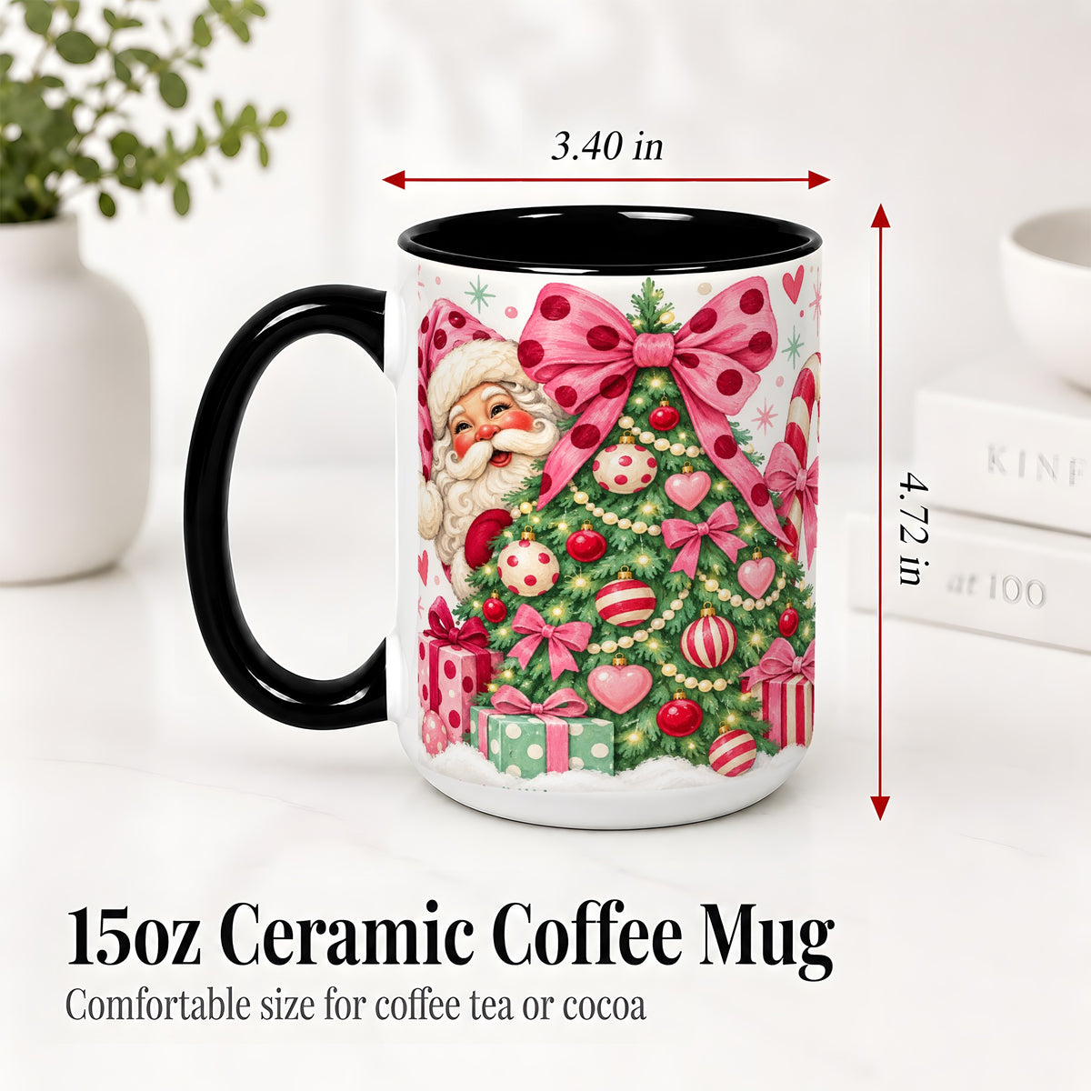 #pl[15oz|Black] Pink Bow Christmas Tree Accent Mug, Ceramic Mug