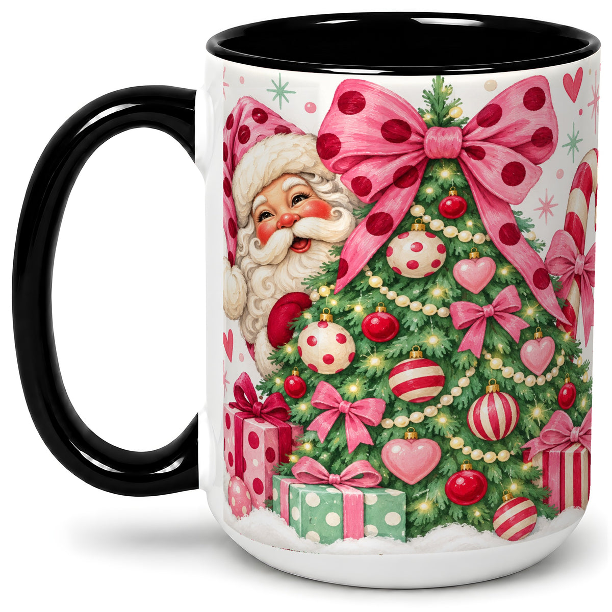 #pl[15oz|Black] Pink Bow Christmas Tree Accent Mug, Ceramic Mug