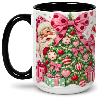 #pl[15oz|Black] Pink Bow Christmas Tree Accent Mug, Ceramic Mug
