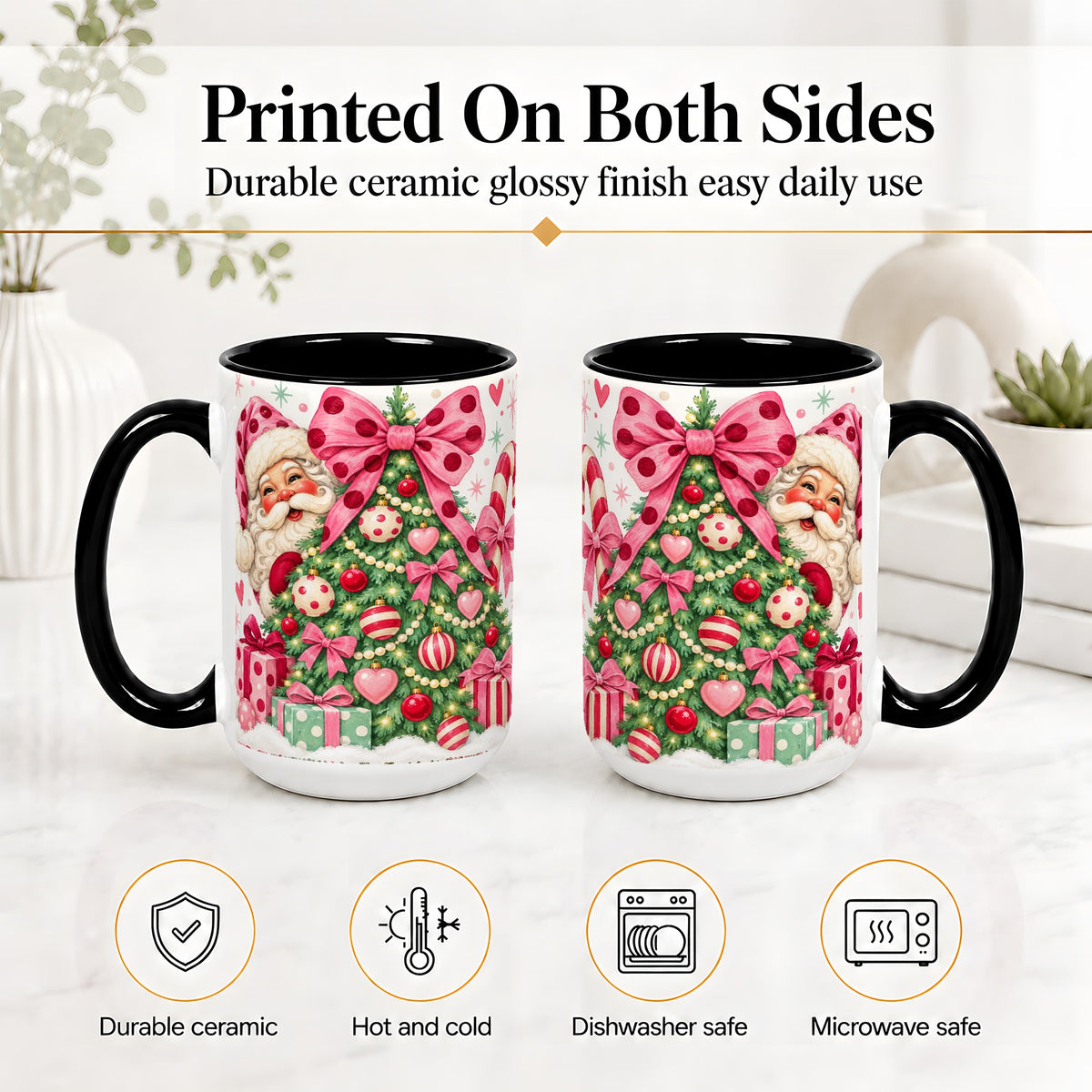 #pl[15oz|Black] Pink Bow Christmas Tree Accent Mug, Ceramic Mug