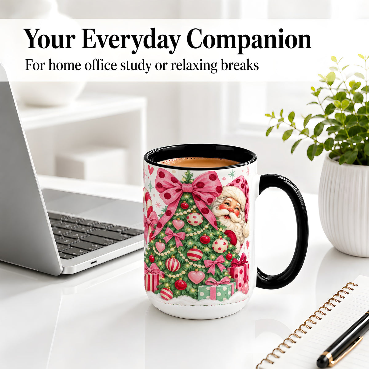 #pl[15oz|Black] Pink Bow Christmas Tree Accent Mug, Ceramic Mug