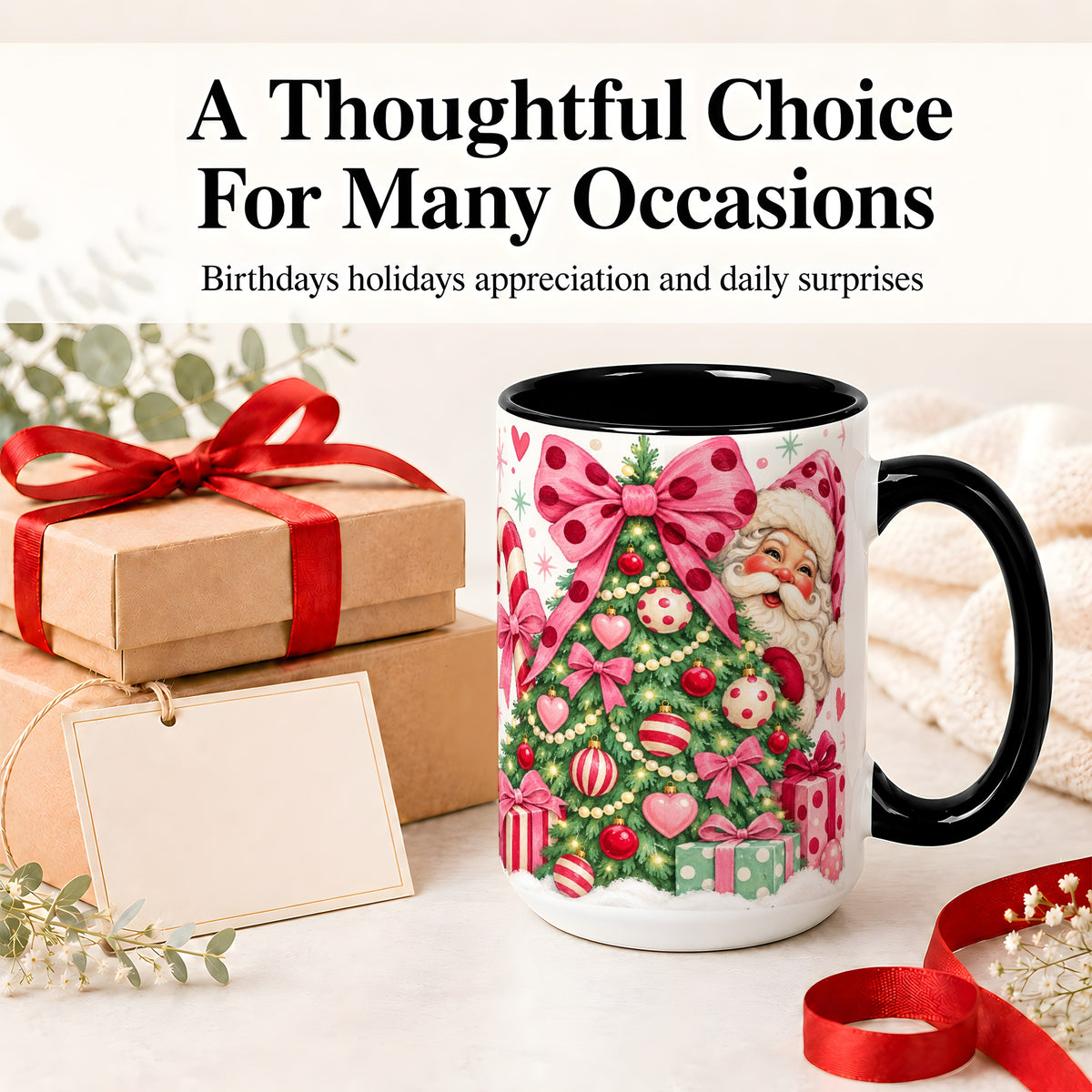 #pl[15oz|Black] Pink Bow Christmas Tree Accent Mug, Ceramic Mug