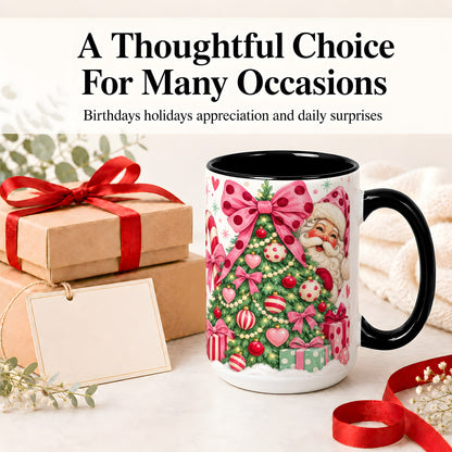 #pl[15oz|Black] Pink Bow Christmas Tree Accent Mug, Ceramic Mug