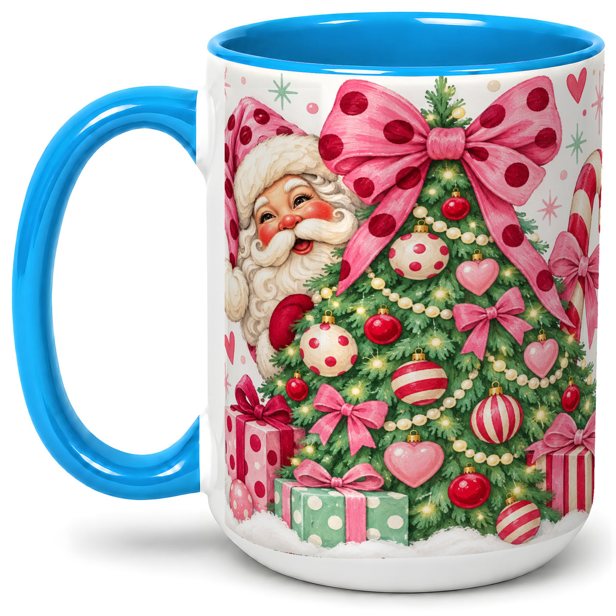 #pl[15oz|Blue] Pink Bow Christmas Tree Accent Mug, Ceramic Mug