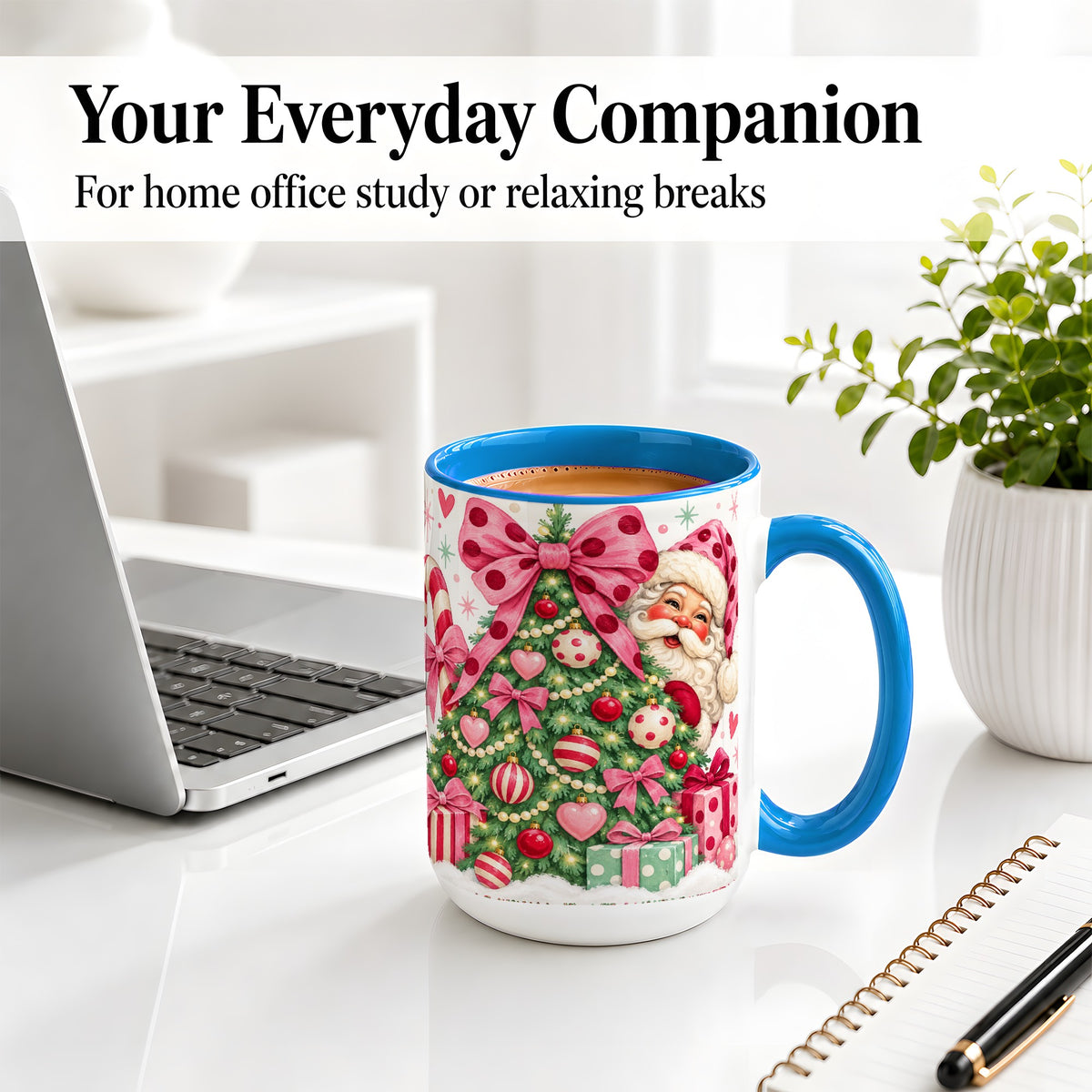 #pl[15oz|Blue] Pink Bow Christmas Tree Accent Mug, Ceramic Mug