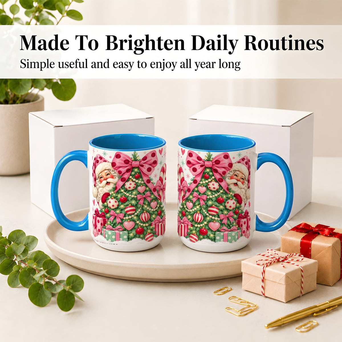 #pl[15oz|Blue] Pink Bow Christmas Tree Accent Mug, Ceramic Mug