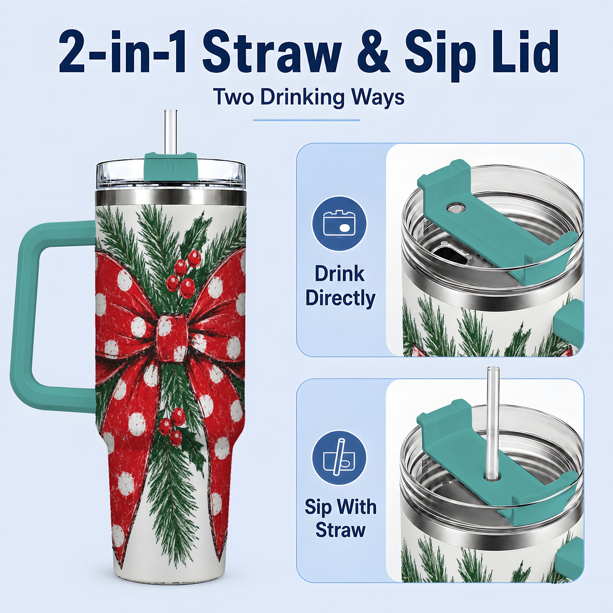 #pl[40oz|Green] Christmas Bow 40oz Tumbler, Pine and Holly Artwork Drinkware