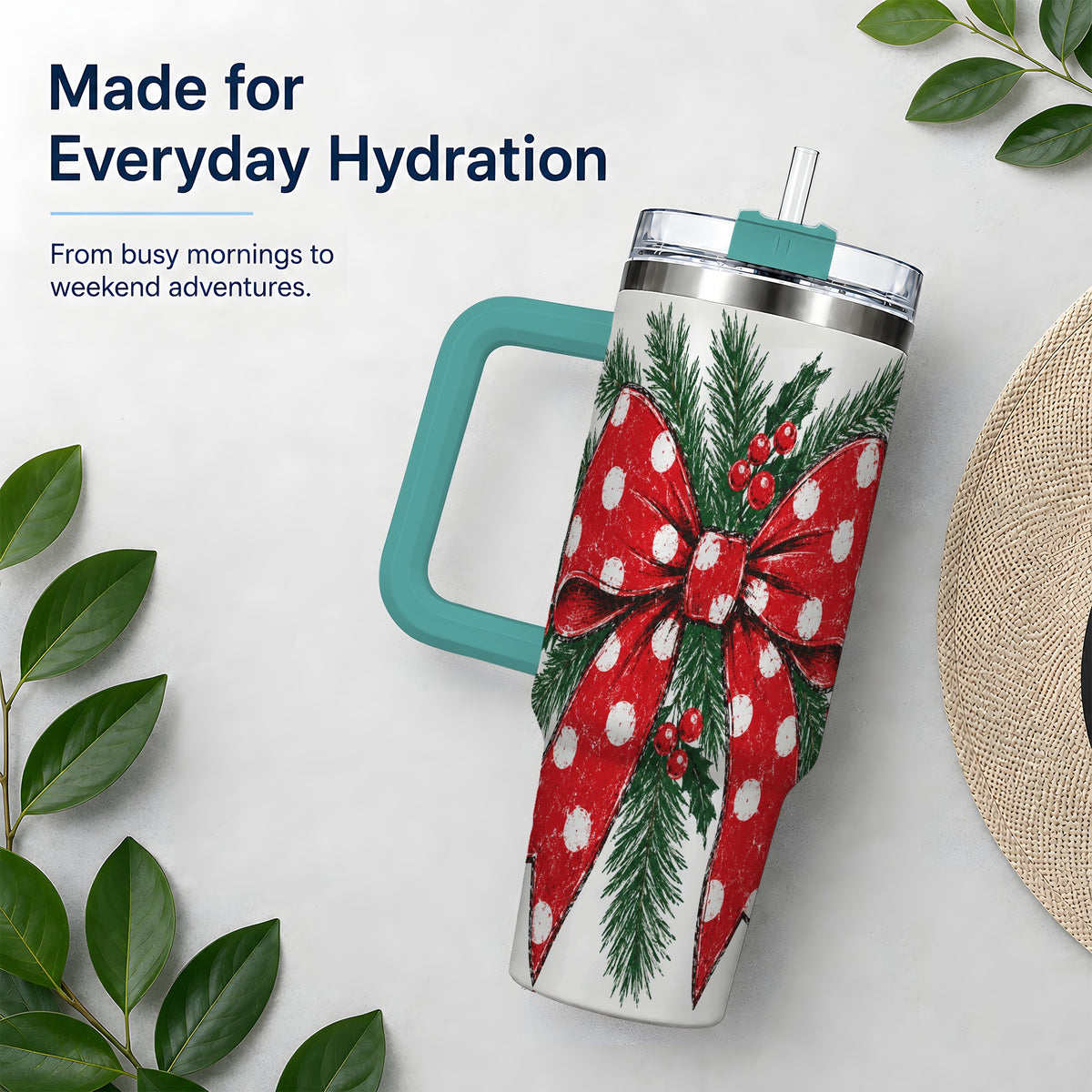 #pl[40oz|Green] Christmas Bow 40oz Tumbler, Pine and Holly Artwork Drinkware