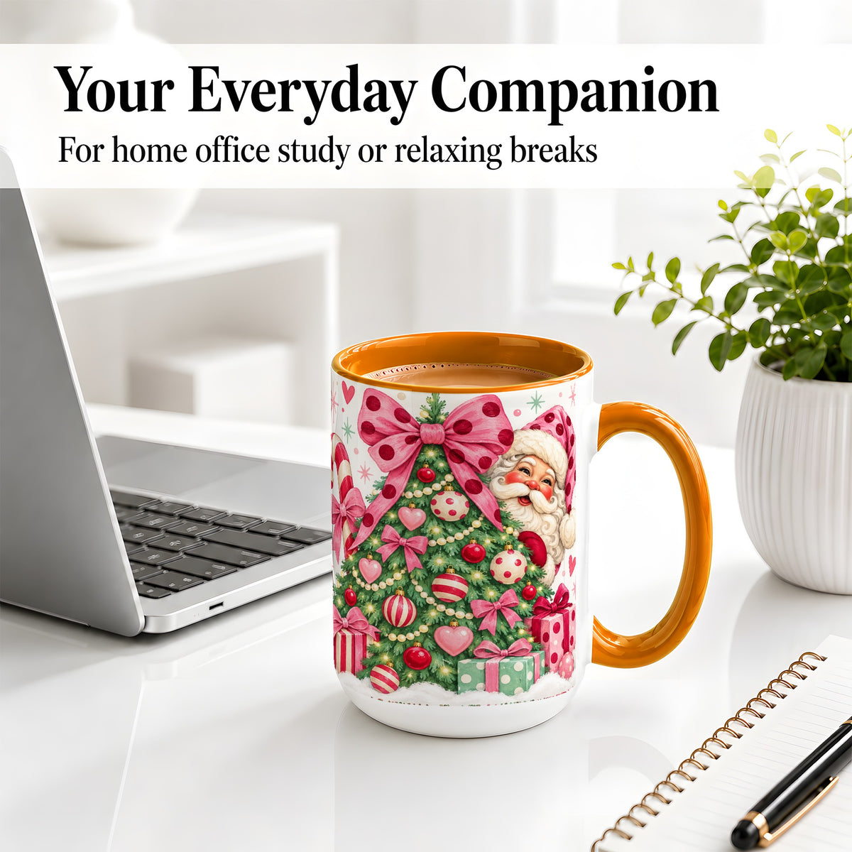 #pl[15oz|Orange] Pink Bow Christmas Tree Accent Mug, Ceramic Mug