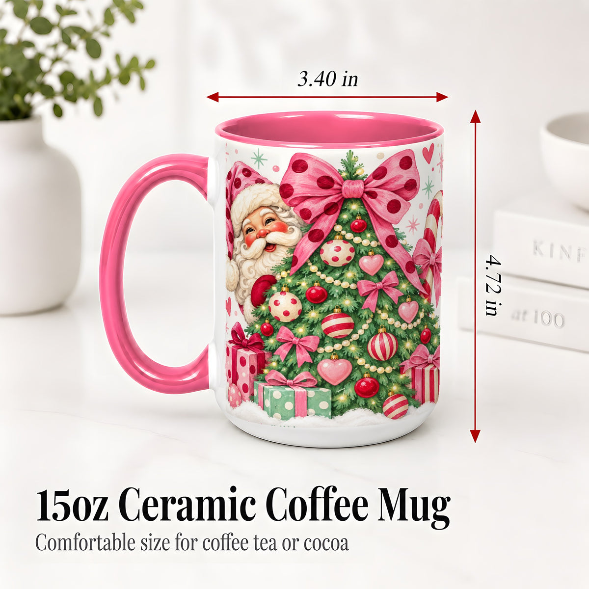 #pl[15oz|Pink] Pink Bow Christmas Tree Accent Mug, Ceramic Mug