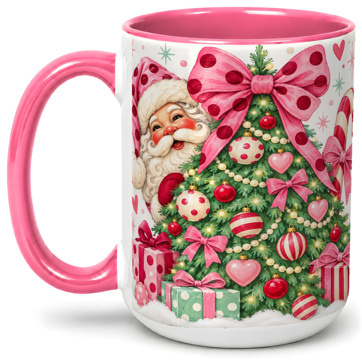 #pl[15oz|Pink] Pink Bow Christmas Tree Accent Mug, Ceramic Mug