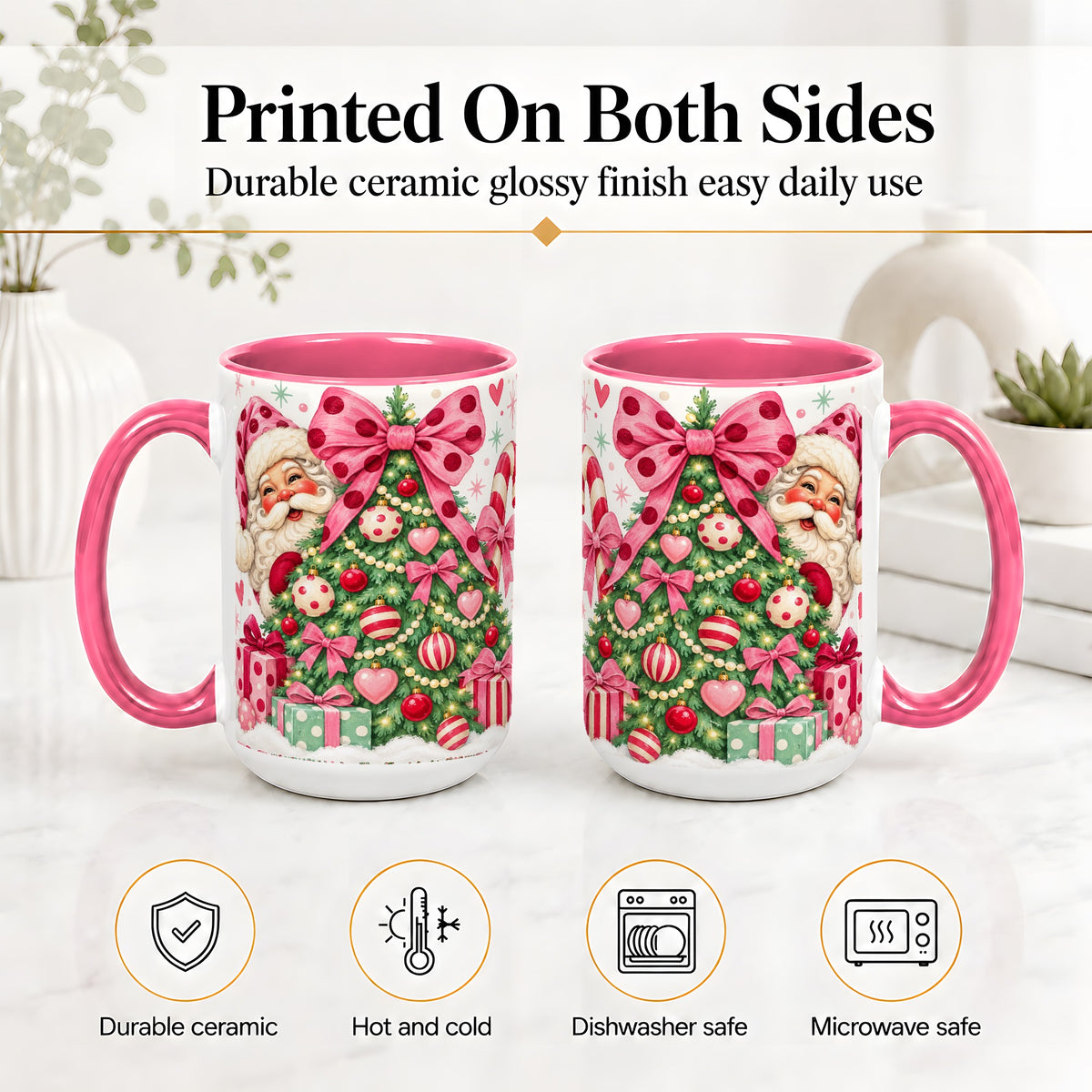 #pl[15oz|Pink] Pink Bow Christmas Tree Accent Mug, Ceramic Mug