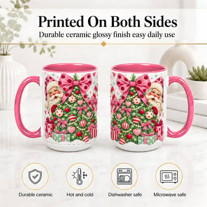 #pl[15oz|Pink] Pink Bow Christmas Tree Accent Mug, Ceramic Mug